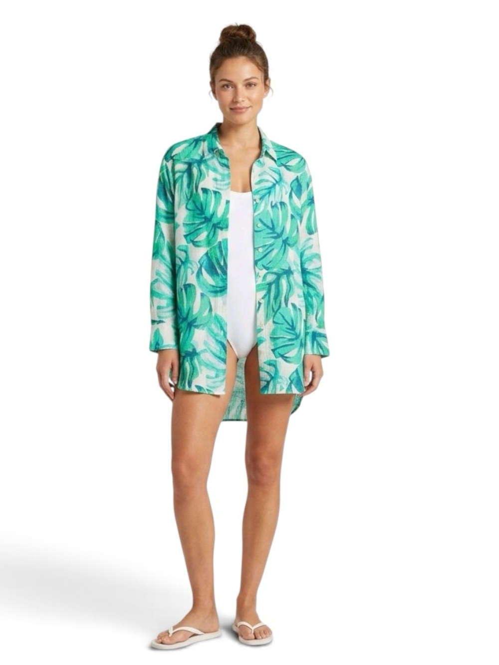 EUC Tropical Leaf Print Beach Cover Up Women' M/L Button Resort Shirt Dress Swim